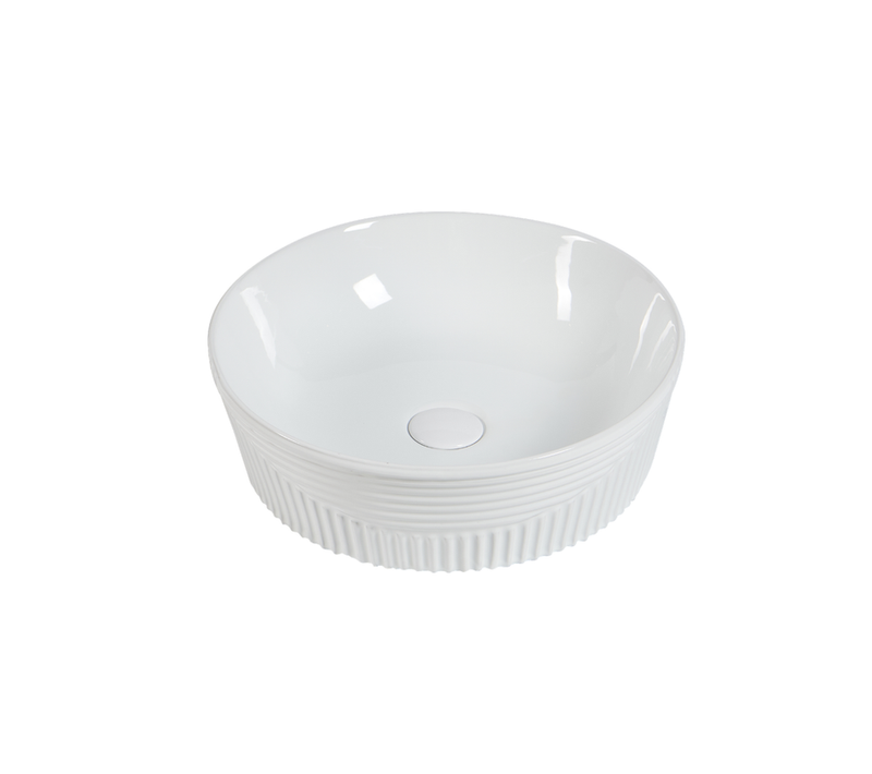 Vasque à Poser Ronde – 40 Cm – Blanc Brillant Rainurée – Elena