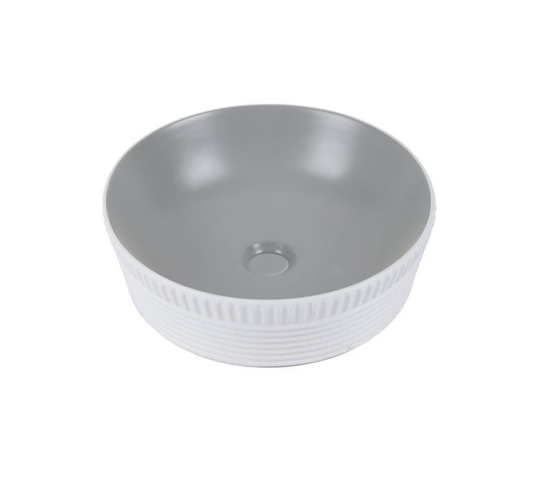 Vasque à Poser Ronde – 40 Cm – Gris Et Blanc Grainé Rainurée – Perla