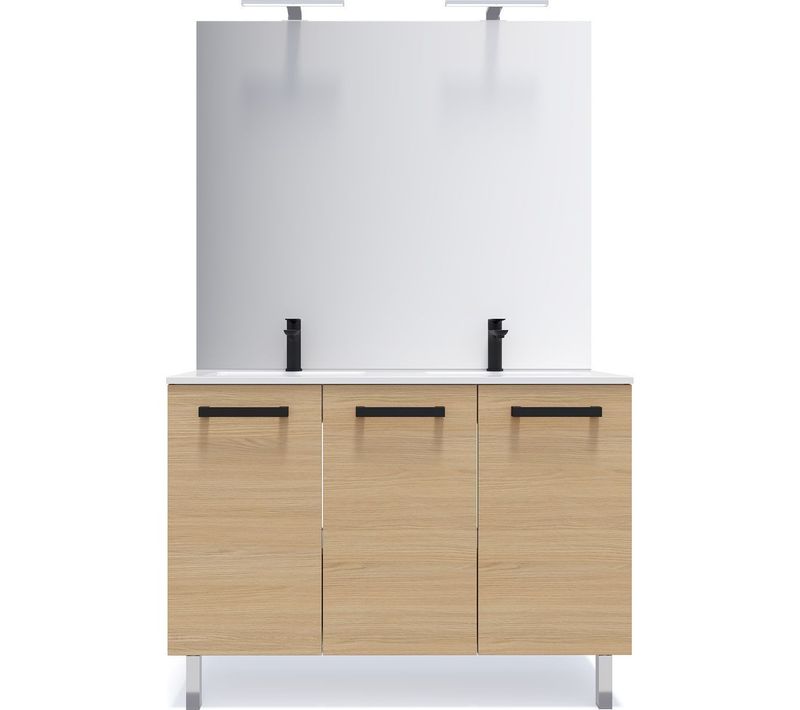 Meuble De Salle De Bain Double Vasque 120cm 3 Portes Chêne + Miroir - Chelsea
