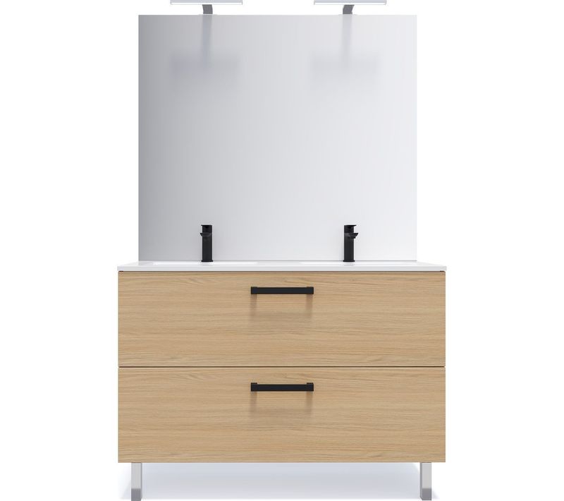 Meuble De Salle De Bain Double Vasque 120cm 2 Tiroirs Chêne + Miroir - Chelsea