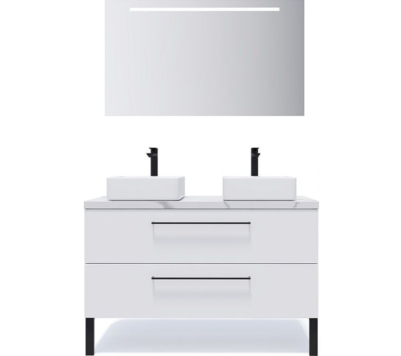 Meuble De Salle De Bain 2 Vasques Posées 120cm 2 Tiroirs Blanc + Miroir - Glasgow