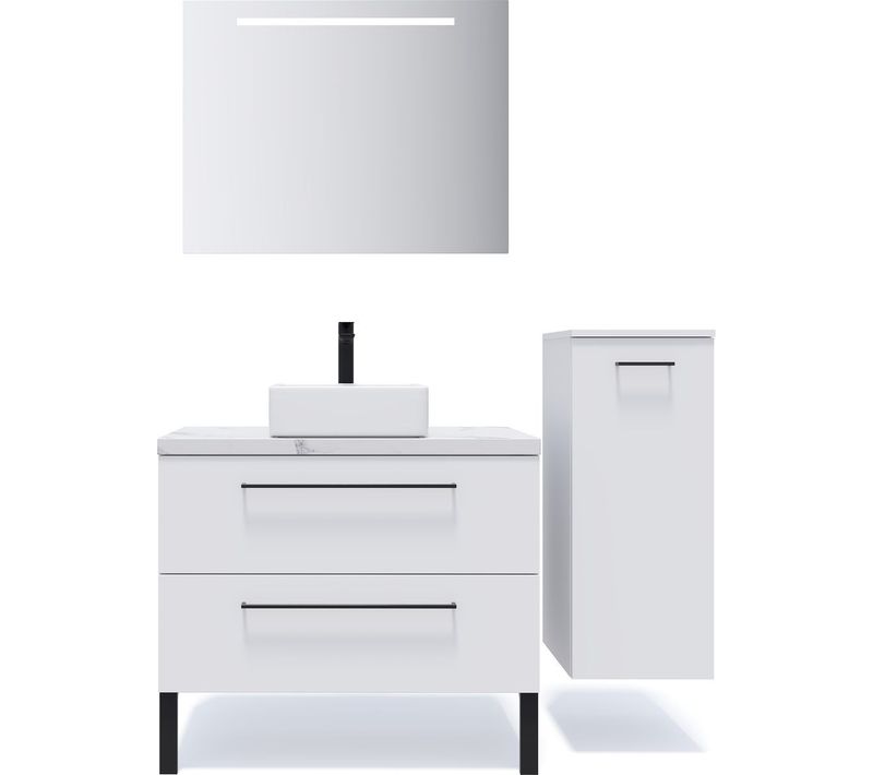 Ensemble Salle De Bain Vasque Posée 90cm 2 Tiroirs Blanc + Miroir + Colonne Droite - Glasgow