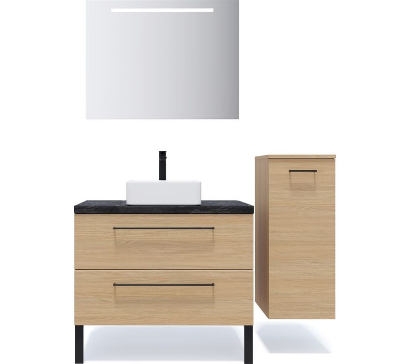 Ensemble Salle De Bain Vasque Posée 90cm 2 Tiroirs Chêne + Miroir + Colonne Droite - Glasgow