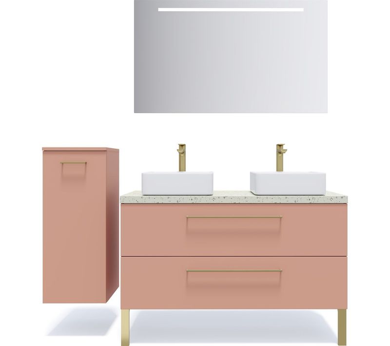 Ensemble Salle De Bain 2 Vasques Posées 120cm 2 Tiroirs Abricot + Miroir + Colonne Gauche - Glasgow
