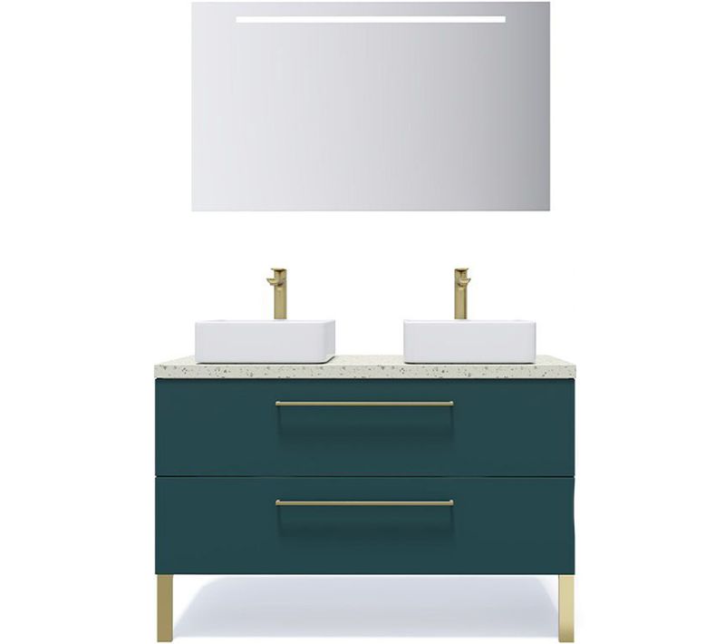 Meuble De Salle De Bain 2 Vasques Posées 120cm 2 Tiroirs Bleu + Miroir - Glasgow