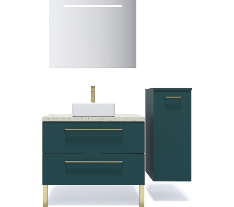 Ensemble Salle De Bain Vasque Posée 90cm 2 Tiroirs Bleu + Miroir + Colonne Droite - Glasgow