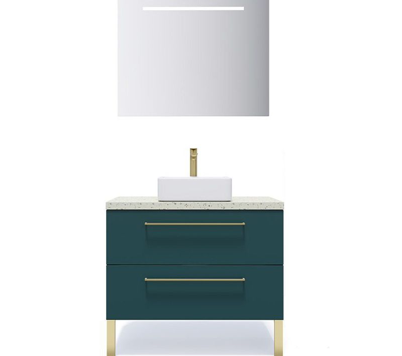 Meuble De Salle De Bain Vasque Posée 90cm 2 Tiroirs Bleu + Miroir - Glasgow