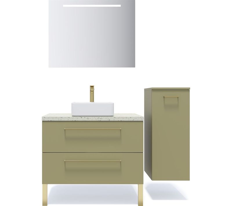 Ensemble Salle De Bain Vasque Posée 90cm 1 Tiroir Vert + Miroir + Colonne Droite - Glasgow