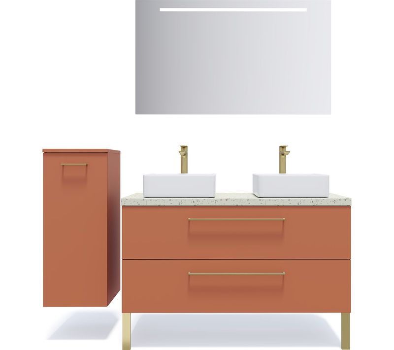 Ensemble Salle De Bain 2 Vasques Posées 120cm 2 Tiroirs Terracotta +miroir +colonne Gauche - Glasgow