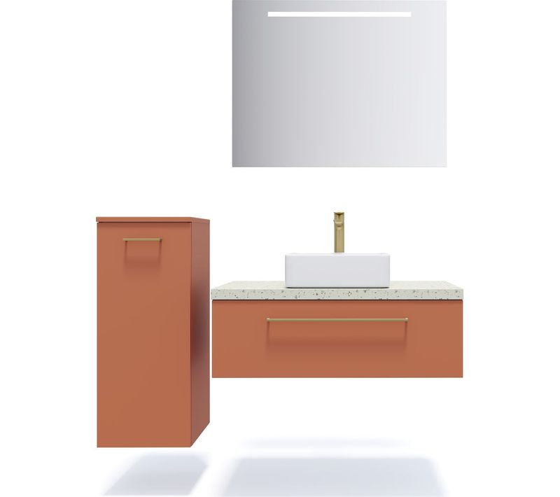 Ensemble Salle De Bain Vasque Posée 90cm 1 Tiroir Terracotta + Miroir + Colonne Gauche - Glasgow
