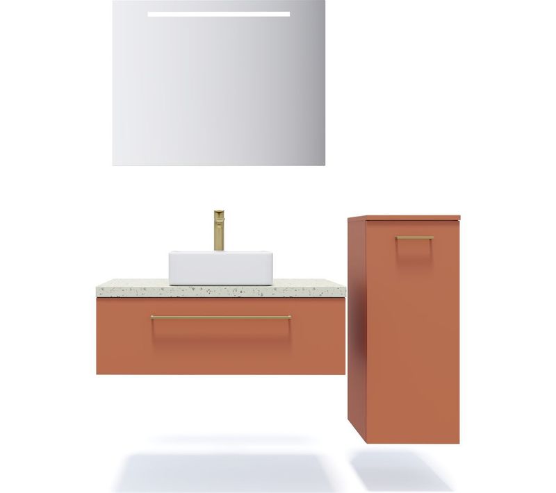Ensemble Salle De Bain Vasque Posée 90cm 1 Tiroir Terracotta + Miroir + Colonne Droite - Glasgow