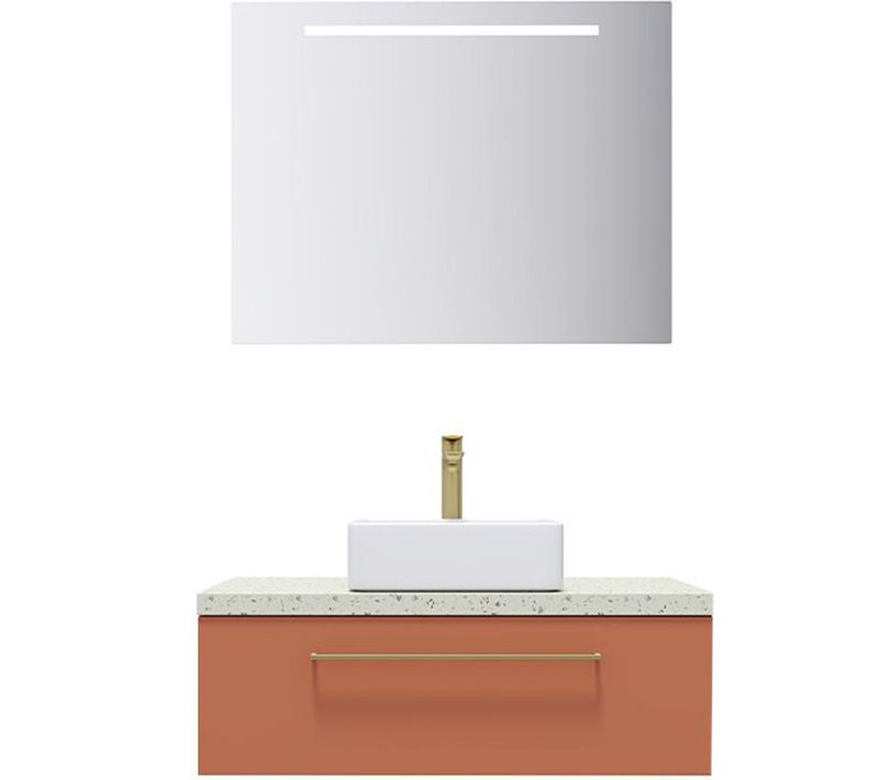 Meuble De Salle De Bain Vasque Posée 90cm 1 Tiroir Terracotta + Miroir - Glasgow