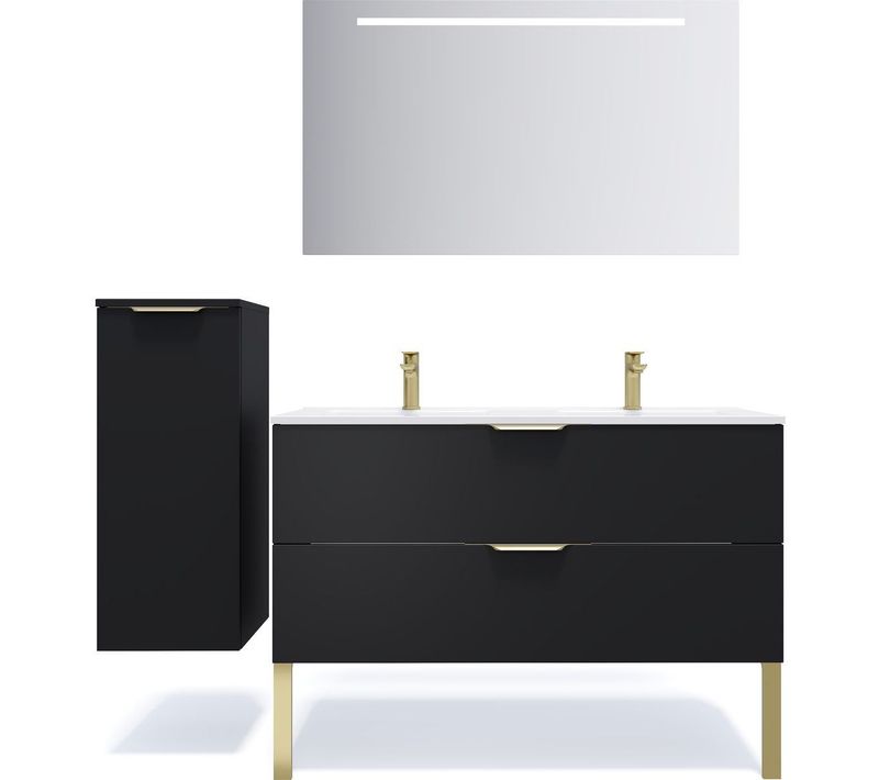 Ensemble Salle De Bain Double Vasque 120cm 2 Tiroirs Noir + Miroir + Colonne Gauche - Venice