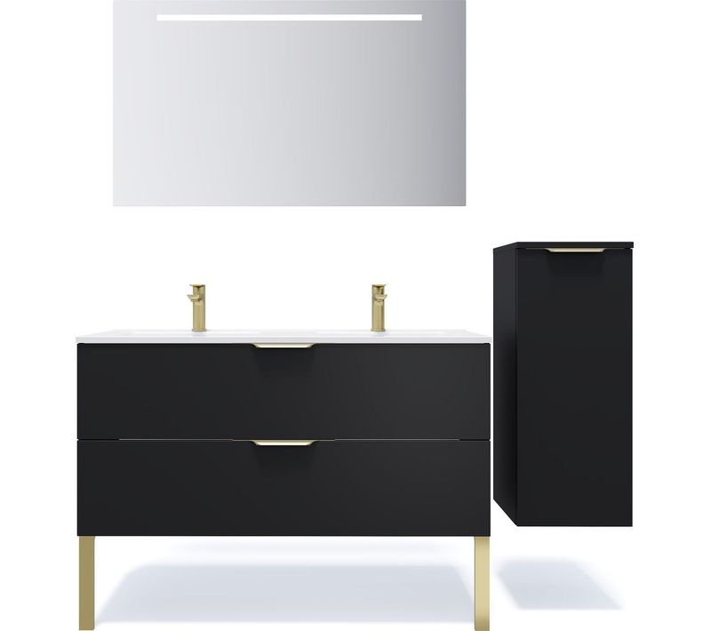Ensemble Salle De Bain Double Vasque 120cm 2 Tiroirs Noir + Miroir + Colonne Droite - Venice