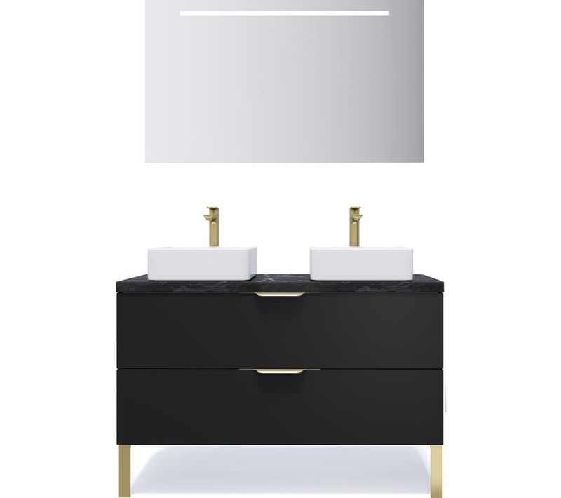 Meuble De Salle De Bain 2 Vasques Posées 120cm 2 Tiroirs Noir + Miroir - Venice