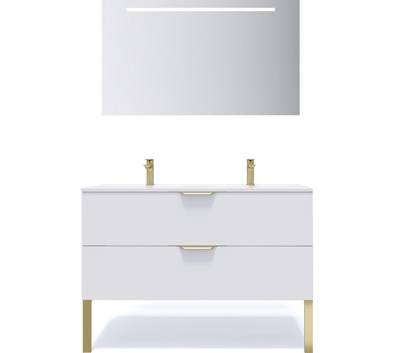 Meuble De Salle De Bain Double Vasque 120cm 2 Tiroirs Blanc + Miroir - Venice