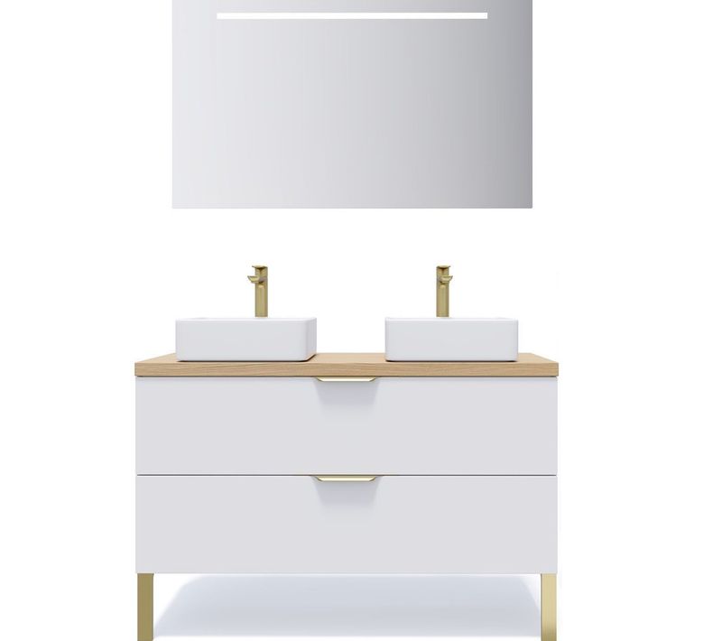 Meuble De Salle De Bain 2 Vasques Posées 120cm 2 Tiroirs Blanc + Miroir - Venice