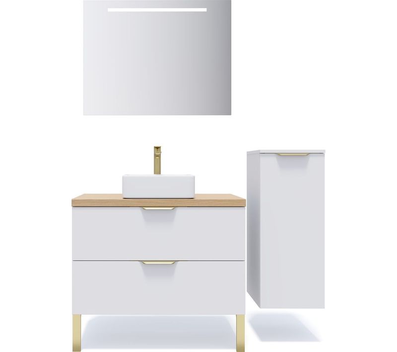 Ensemble Salle De Bain Vasque Posée 90cm 2 Tiroirs Blanc + Miroir + Colonne Droite - Venice