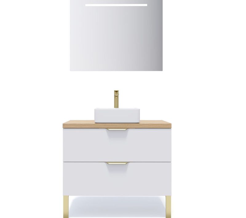 Meuble De Salle De Bain Vasque Posée 90cm 2 Tiroirs Blanc + Miroir - Venice