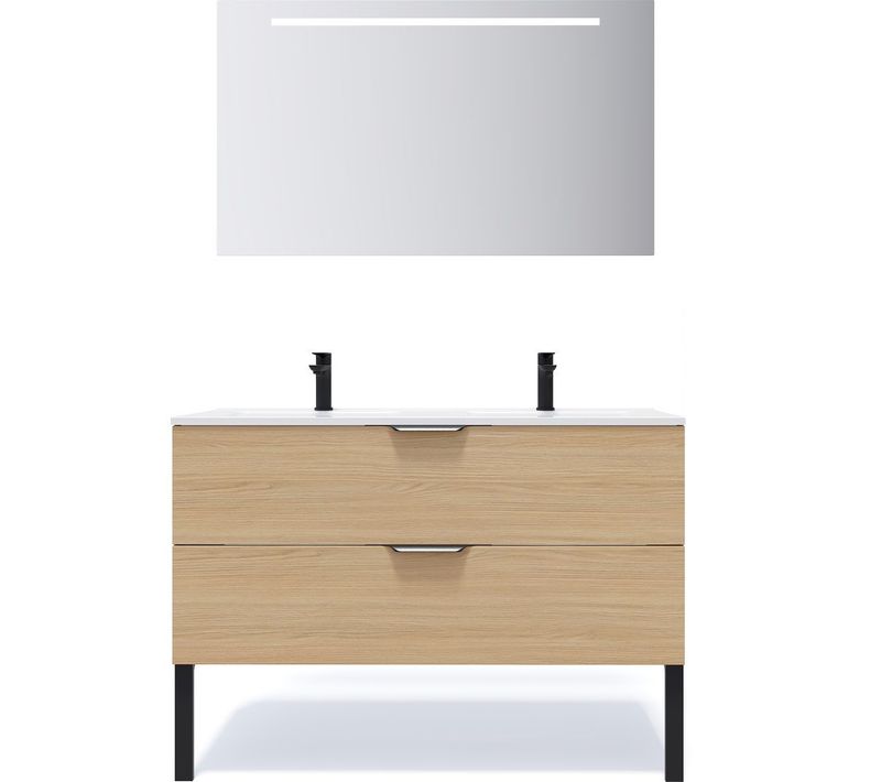 Meuble De Salle De Bain Double Vasque 120cm 2 Tiroirs Chêne + Miroir - Venice