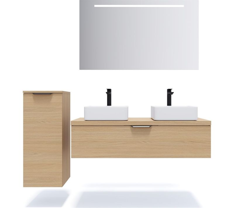 Ensemble Salle De Bain 2 Vasques Posées 120cm 1 Tiroir Chêne + Miroir + Colonne Gauche - Venice