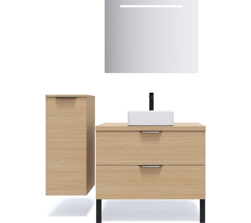 Ensemble Salle De Bain Vasque Posée 90cm 2 Tiroirs Chêne + Miroir + Colonne Gauche - Venice