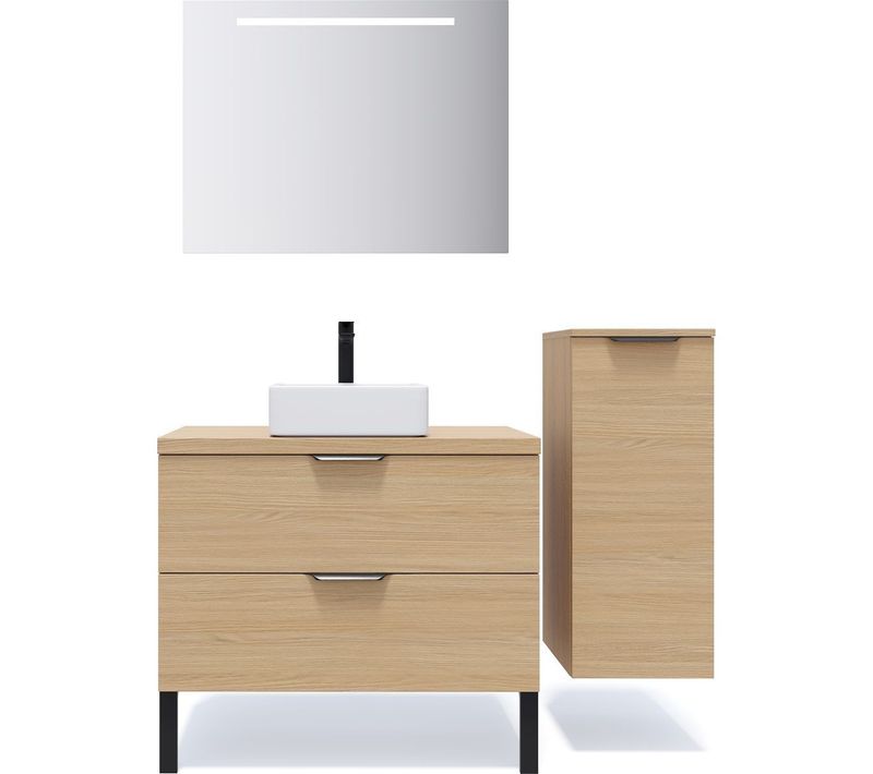 Ensemble Salle De Bain Vasque Posée 90cm 2 Tiroirs Chêne + Miroir + Colonne Droite - Venice