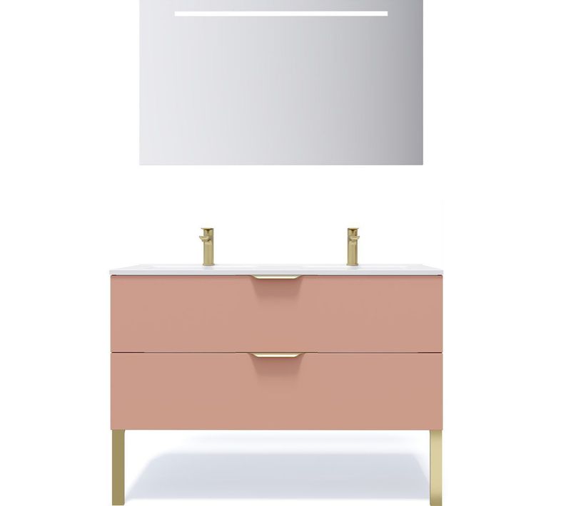 Meuble De Salle De Bain Double Vasque 120cm 2 Tiroirs Abricot + Miroir - Venice