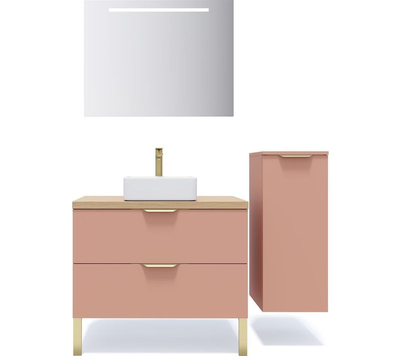 Ensemble Salle De Bain Vasque Posée 90cm 2 Tiroirs Abricot + Miroir + Colonne Droite - Venice