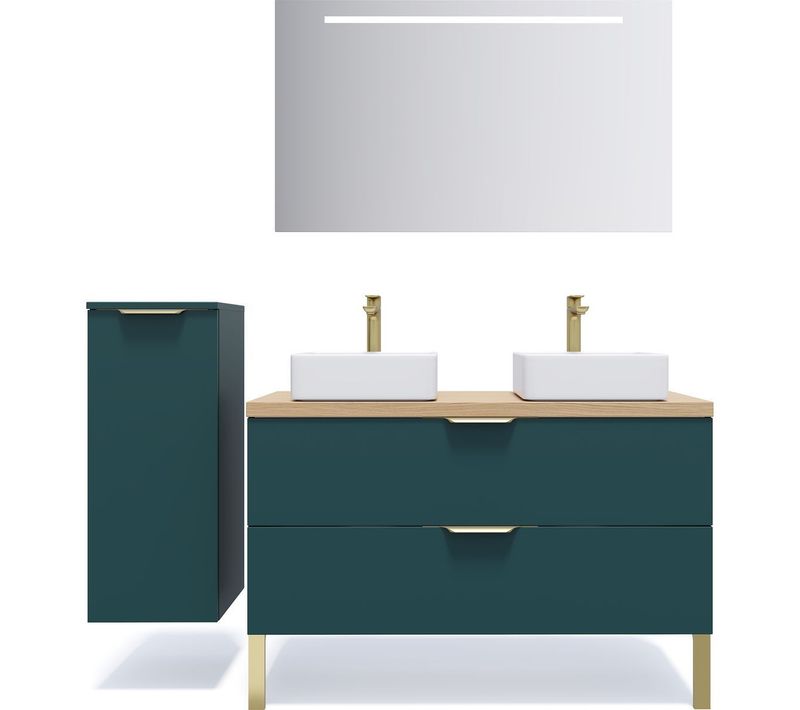 Ensemble Salle De Bain 2 Vasques Posées 120cm 2 Tiroirs Bleu + Miroir + Colonne Gauche - Venice
