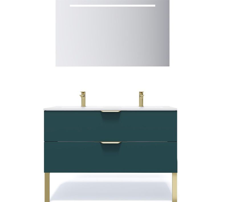 Meuble De Salle De Bain Double Vasque 120cm 2 Tiroirs Bleu + Miroir - Venice