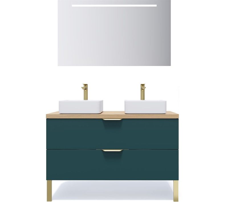 Meuble De Salle De Bain 2 Vasques Posées 120cm 2 Tiroirs Bleu + Miroir - Venice