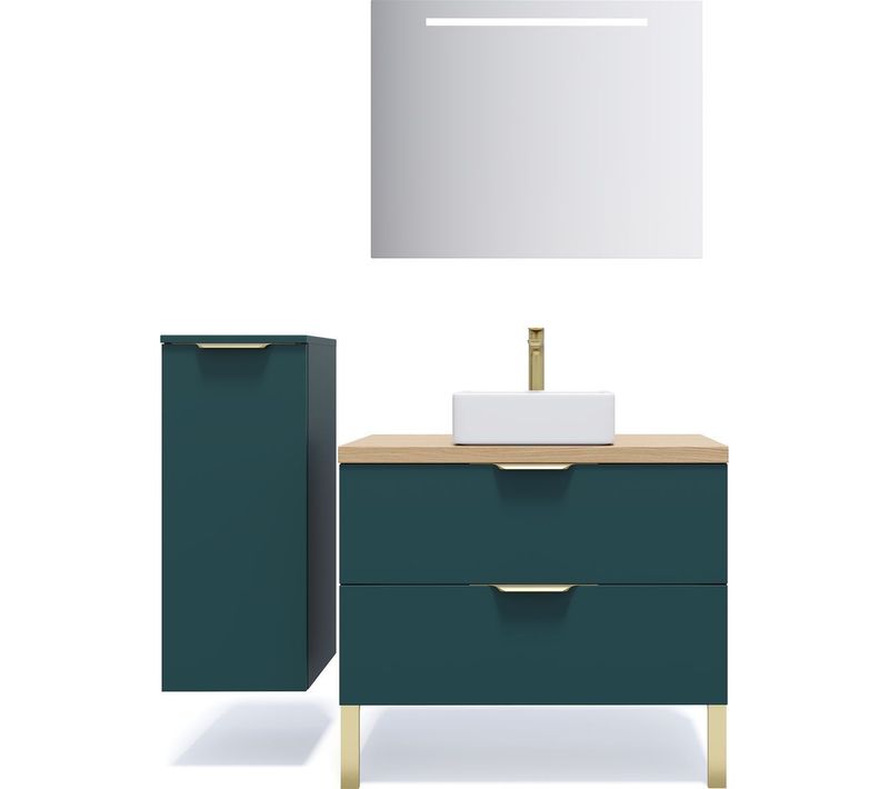 Ensemble Salle De Bain Vasque Posée 90cm 2 Tiroirs Bleu + Miroir + Colonne Gauche - Venice