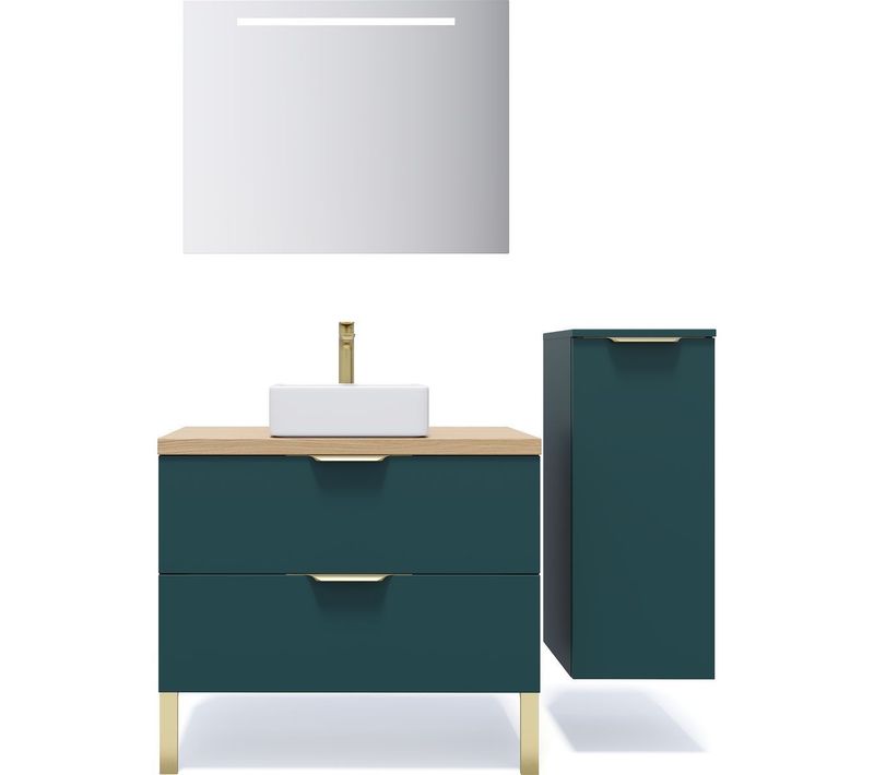 Ensemble Salle De Bain Vasque Posée 90cm 2 Tiroirs Bleu + Miroir + Colonne Droite - Venice