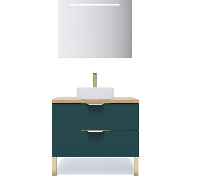 Meuble De Salle De Bain Vasque Posée 90cm 2 Tiroirs Bleu + Miroir - Venice