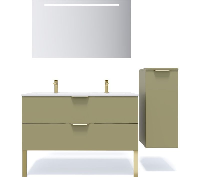 Ensemble Salle De Bain Double Vasque 120cm 2 Tiroirs Vert + Miroir + Colonne Droite - Venice