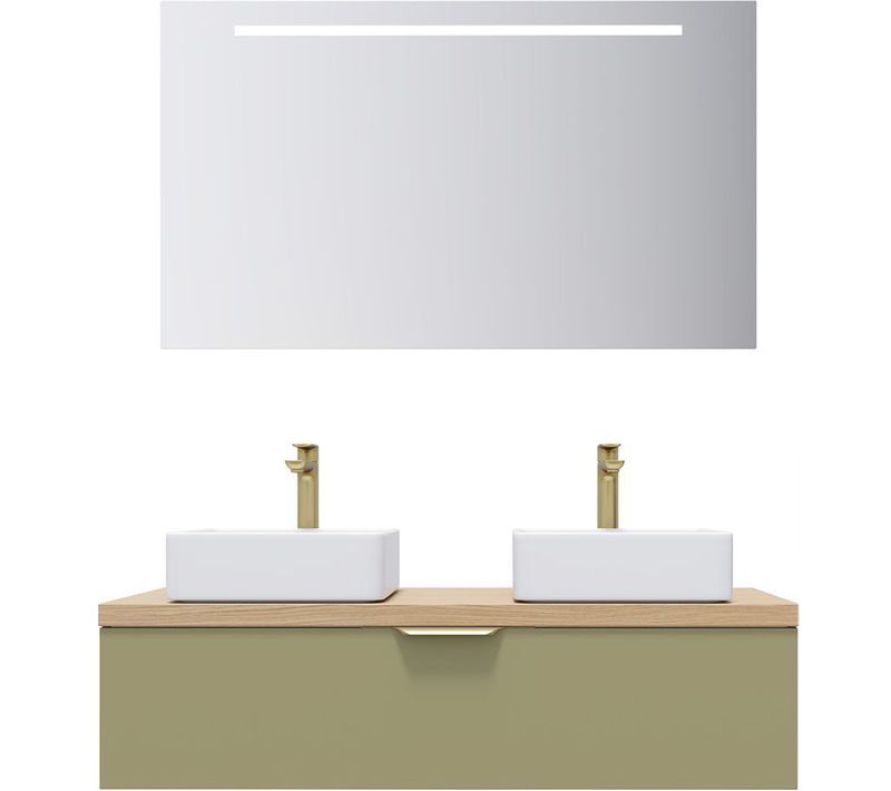 Meuble De Salle De Bain 2 Vasques Posées 120cm 1 Tiroir Vert + Miroir - Venice