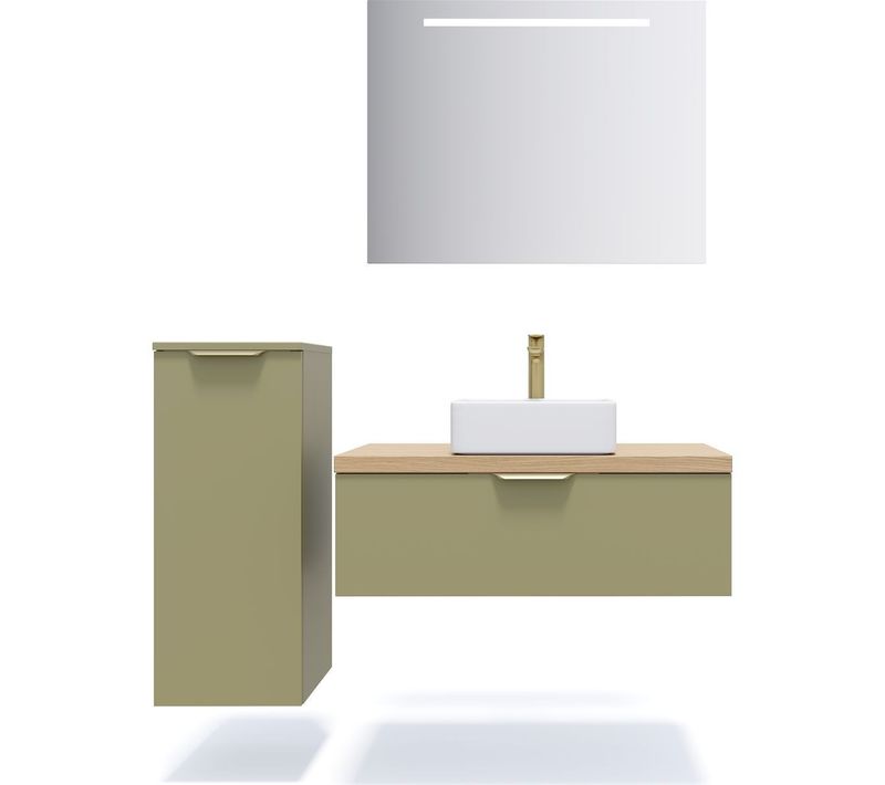 Ensemble Salle De Bain Vasque Posée 90cm 1 Tiroir Vert + Miroir + Colonne Gauche - Venice