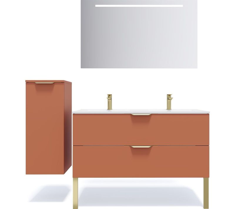 Ensemble Salle De Bain Double Vasque 120cm 2 Tiroirs Terracotta + Miroir + Colonne Gauche - Venice
