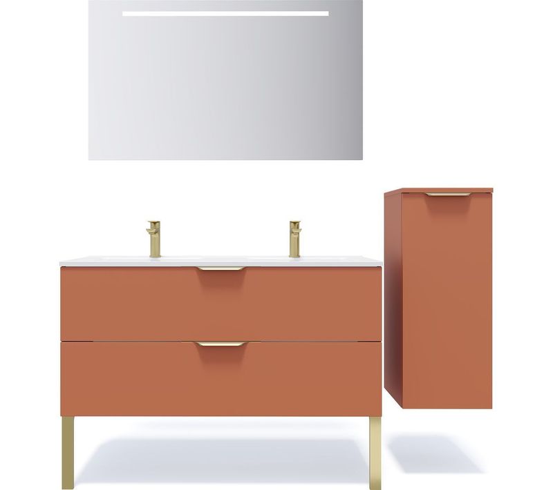 Ensemble Salle De Bain Double Vasque 120cm 2 Tiroirs Terracotta + Miroir + Colonne Droite - Venice