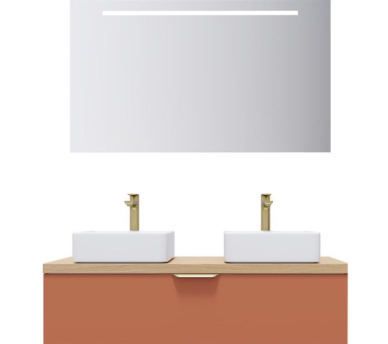 Meuble De Salle De Bain 2 Vasques Posées 120cm 1 Tiroir Terracotta + Miroir - Venice