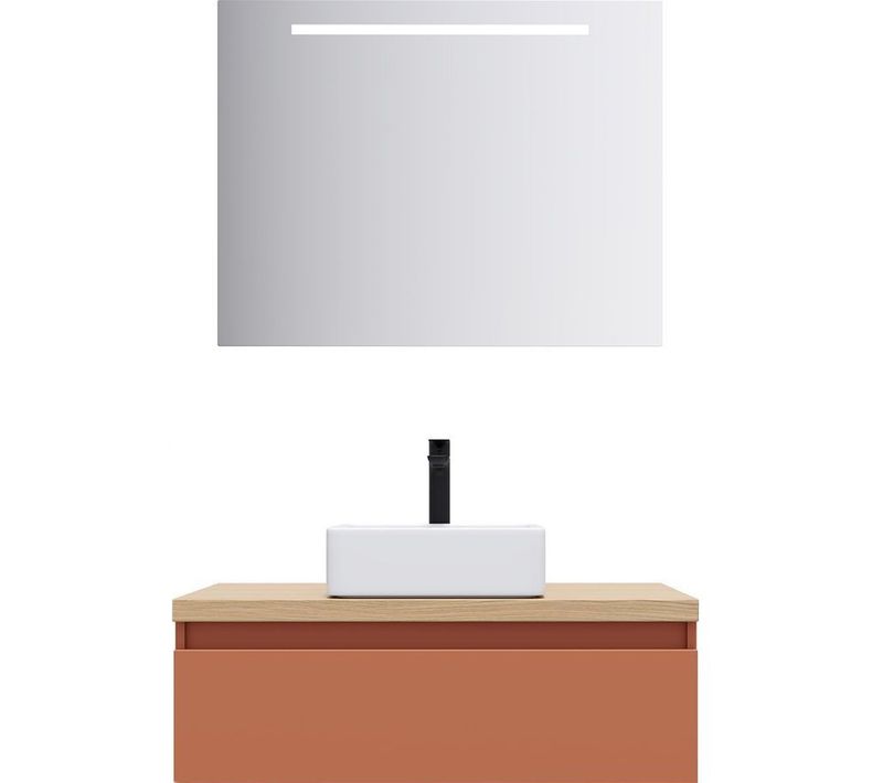 Meuble De Salle De Bain Vasque Posée 90cm 1 Tiroir Terracotta + Miroir - Hudson