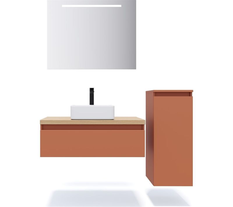 Ensemble Salle De Bain Vasque Posée 90cm 1 Tiroir Terracotta + Miroir + Colonne Droite - Hudson