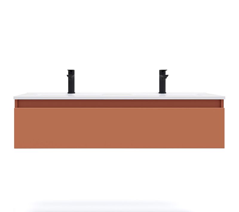 Meuble De Salle De Bain Double Vasque 120cm 1 Tiroir Terracotta - Hudson