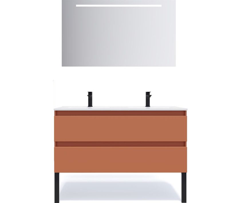 Meuble De Salle De Bain Double Vasque 120cm 2 Tiroirs Terracotta + Miroir - Hudson