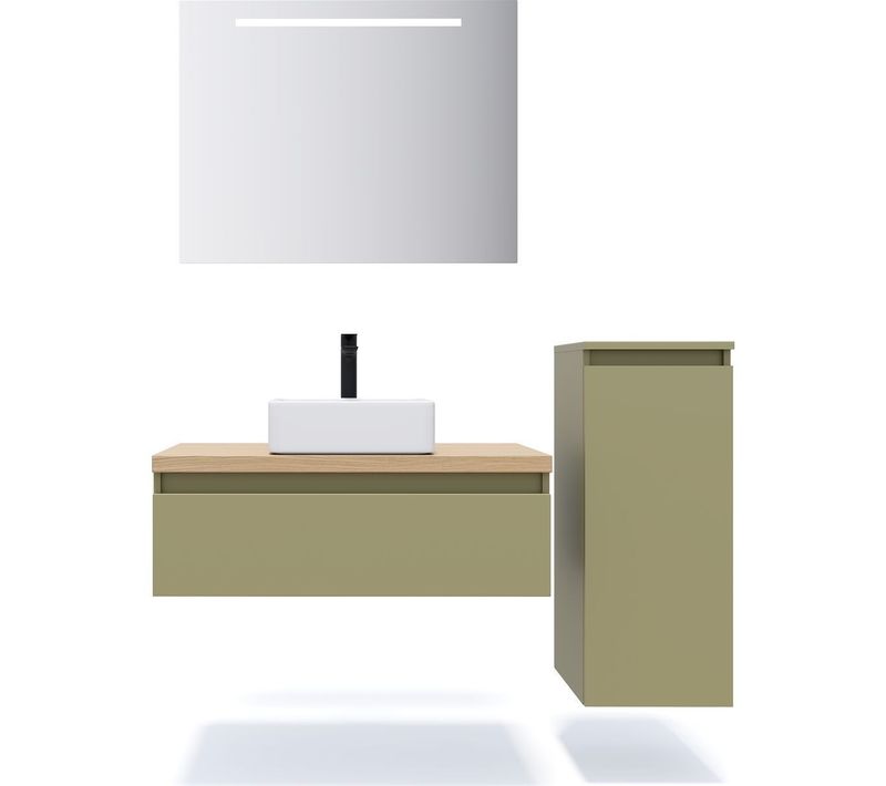 Ensemble Salle De Bain Vasque Posée 90cm 1 Tiroir Vert + Miroir + Colonne Droite - Hudson