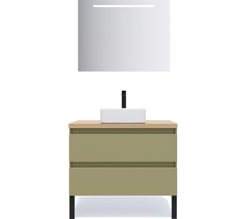 Meuble De Salle De Bain Vasque Posée 90cm 2 Tiroirs Vert + Miroir - Hudson