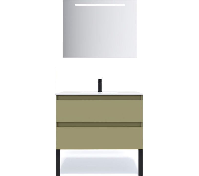Meuble De Salle De Bain Vasque Intégrée 90cm 2 Tiroirs Vert + Miroir - Hudson