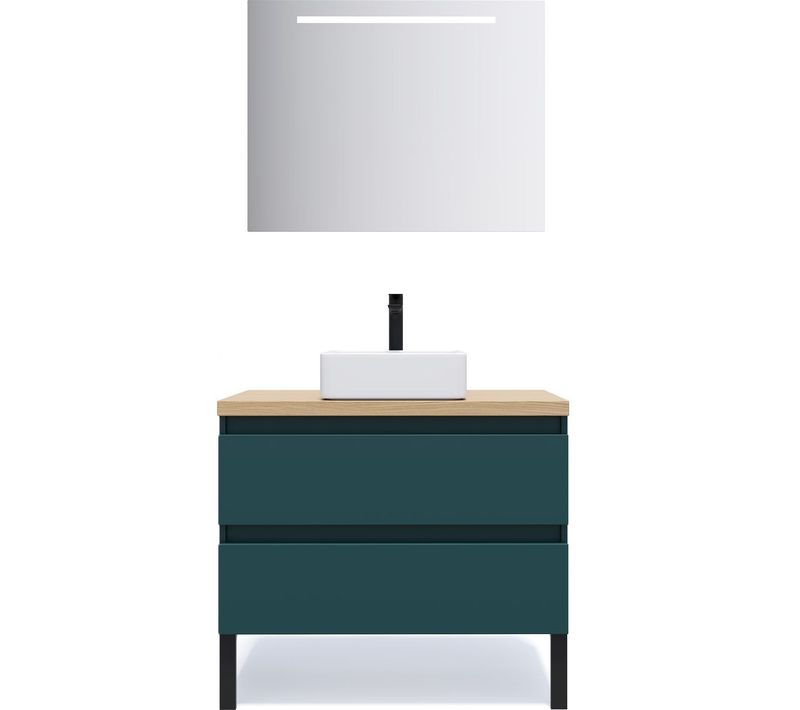 Meuble De Salle De Bain Vasque Posée 90cm 2 Tiroirs Bleu + Miroir - Hudson