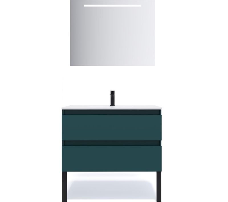 Meuble De Salle De Bain Vasque Intégrée 90cm 2 Tiroirs Bleu + Miroir - Hudson